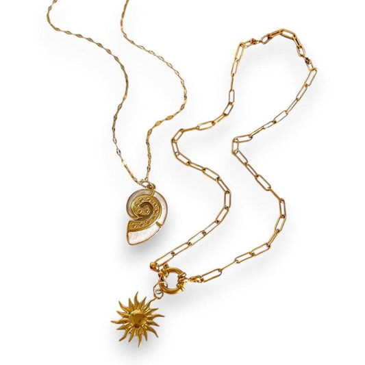 Amnesia Jewellery | Gold Plated Stainless Steel Conch and Sun stackable Necklace